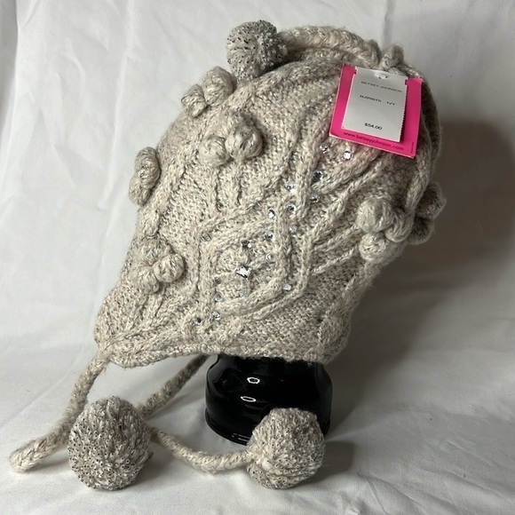 Betsey Johnson Women’s Grey/Taupe ear flap hat with poms and rhinestones - Picture 4 of 9